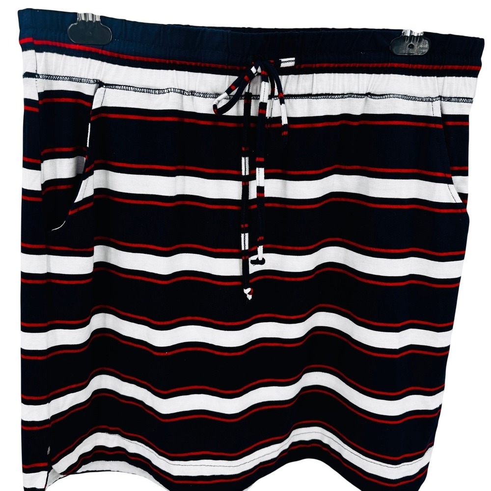 ROZ & Ali Striped Knit Skirt Womens Large Blue Red White Elastic Waist Pockets